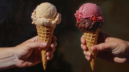 Two hands holding chocolate and strawberry ice cream cones. 10
