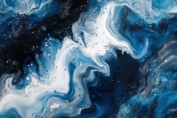 Waves of blue and gray paint create a mesmerizing abstract landscape with swirling textures and dynamic movement