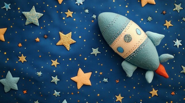 Handmade Felt Rocket Ship on Starry Night Background - Dreamy Space Theme