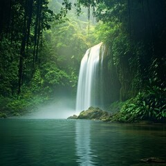 Serene tropical waterfall cascading among lush greenery in misty jungle scene