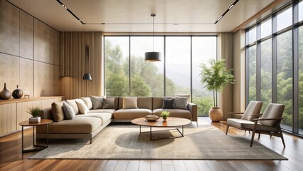 Modern Sectional Sofa in a Sunlit Living Room with Floor-to-Ceiling Windows and Wooden Accents