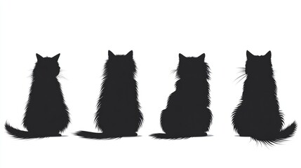 Silhouettes of Four Sitting Cats Artistic Animal Design on a White Background