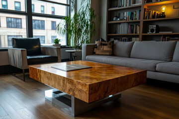 Fototapeta premium A stylish office coffee table with storage space underneath, made of natural wood and elegant silver metal accents, for a modern, functional design.