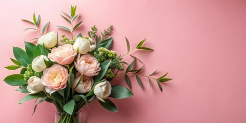 A Delicate Bouquet of Peach and White Roses Arranged with Lush Greenery on a Soft Pink Background