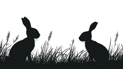 Silhouette of Two Rabbits Grazing in the Grass Minimalist Wildlife isolated on white background