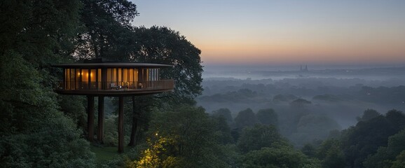 Fototapeta premium A stunning circular treehouse perched on a hillside, offering scenic views of a misty valley at dusk