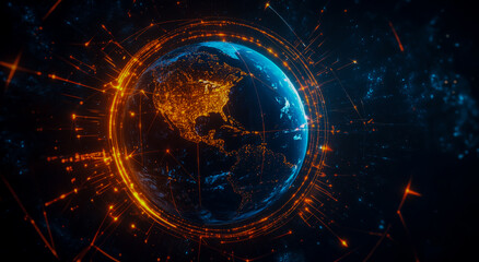 Fototapeta premium A three-dimensional visualization of the Earth surrounded by arrows, representing global connectivity, international trade networks, and global communication flows.