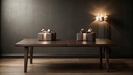 Elegant presents displayed on a dark wood table, illuminated by candlelight against a rich backdrop