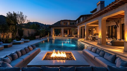 A luxurious villa with an elegant swimming pool, sunken seating areas, and a fire pit surrounded by plush outdoor seating.