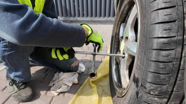 A guy changes tire on street to summer tire in nature