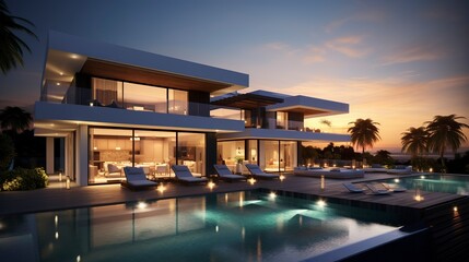 A photo of a sleek modern triple-story villa at sunrise.