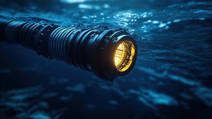 Underwater fiber optic cable installation along coral reef in clear blue ocean