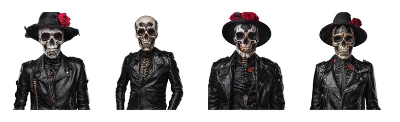 Skeleton with distinctive skull, dressed in black leather. Punk Outfit on white background