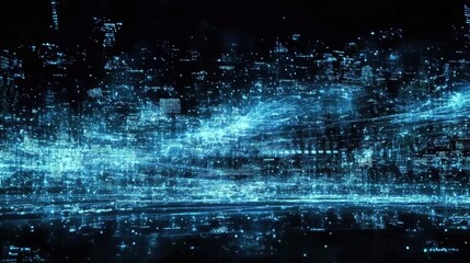 Obraz premium Abstract Futuristic Cityscape with Glowing Blue Lights and Digital Particles