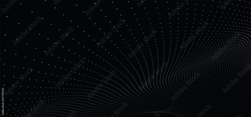 Poster futuristic dot wave. abstract digital particle wave. black and white music wave. dark background. di
