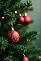 Hanging Christmas ornaments on a green fir tree branch, christmas tree branch, evergreen branch, ornament display
