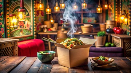 Aromatic Steaming Noodles in a Takeout Container on Rustic Wooden Table with Garnish Bowls