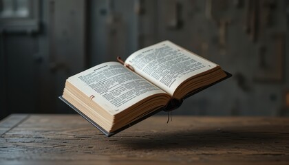 Fototapeta premium Open Antique Book Floating Above Wooden Table Background Rustic Old Book Pages Knowledge Wisdom Literature