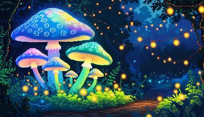 Luminescent Mushrooms Illuminate A Mystical Night Forest Scene