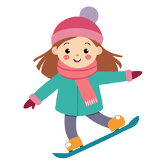 Cartoon Girl Snowboarding with Winter Clothes Fun, Festive, and Isolated on White Background for Holiday Season