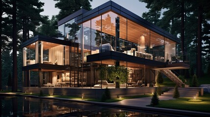 A photo of a sleek triple-story glass house.