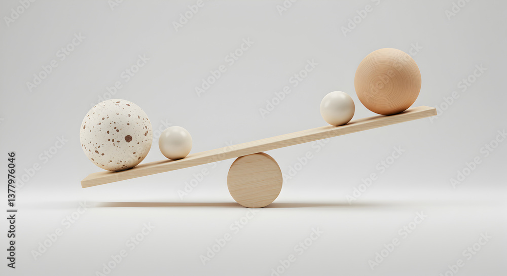Poster eggs balancing on a wooden scale depicting equilibrium in neutral colors with soft lighting and simp