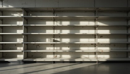 Empty Metal Shelves in a Warehouse Bathed in Sunlight Industrial Storage Concept