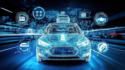 Futuristic Blue Car in Motion with Digital Interface and Network Icons