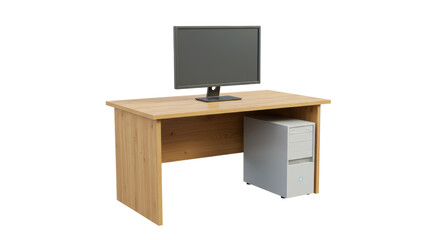 Isolated Wooden Desk with Computer and Tower Detailed Render