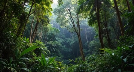 Obraz premium Lush tropical rainforest with vibrant green foliage and sunlight filtering through.
