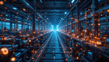 Futuristic Smart Factory Interior Advanced Technology and Automation in a Modern Industrial Setting