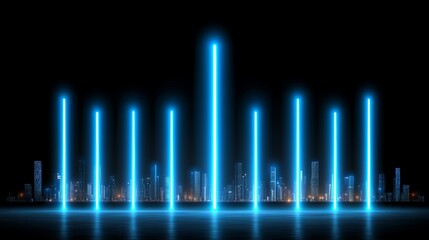 Fototapeta premium Futuristic Cityscape at Night with Bright Neon Blue Lights Abstract Background Image