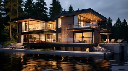 Obraz premium A photo of a sleek triple-story lake house. ,