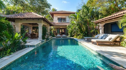 Fototapeta premium A luxury villa with a resort-style pool, lush tropical gardens, and an outdoor cinema area beside the pool.