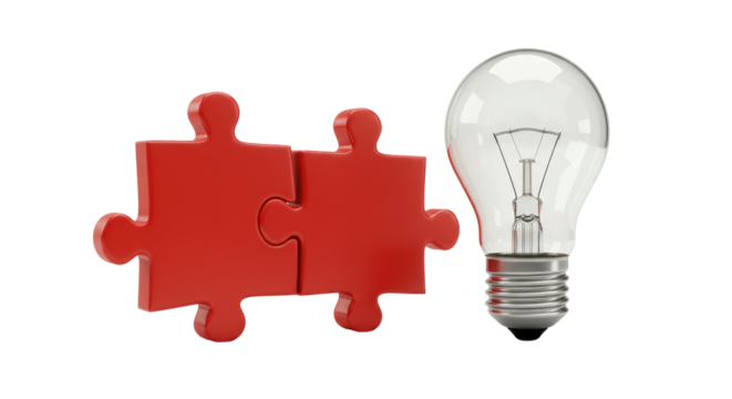 Isolated Puzzle Pieces Joining Near Light Bulb Symbolizing Innovation
