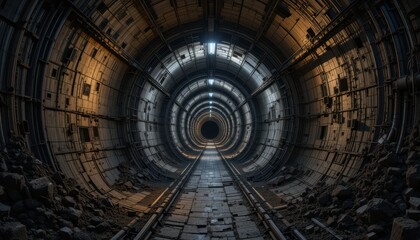 Naklejka premium Long Dark Tunnel Underground Railroad Tracks Industrial Architecture