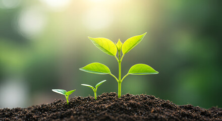 Young Green Seedlings Growing in Soil with Sunlight