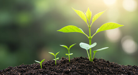 Young Green Seedlings Growing in Soil with Sunlight