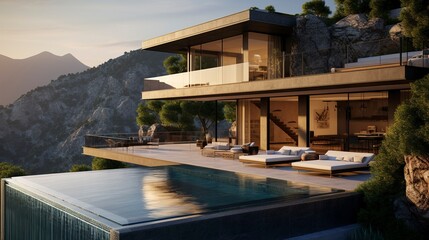 Fototapeta premium A photo of a sleek triple-story villa on a mountainside.