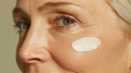A close-up of moisturizing cream swatch applied to the cheek of senior woman with wrinkled skin, product swatch