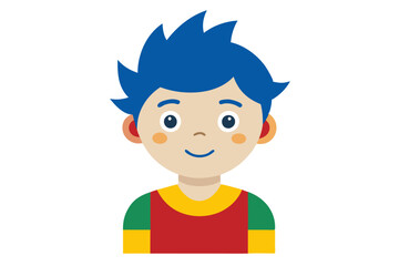 Cheerful Cartoon Boy Character with Blue Hair, Colorful Clothing, and Smiling Face on a White Background