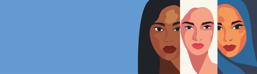 Vector illustration portrait of three different women with different skin color on blue background. Demonstration of confidence, unity through facial expression, women empowerment, gender equality