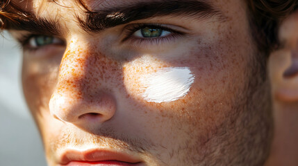 Close-up of young man face with skincare cream swatch on cheek, used for sunscreen, beauty, and dermatology
