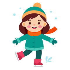 Cheerful Cartoon Girl Ice Skating in Winter Outfit with Snowflakes on White Background Stock