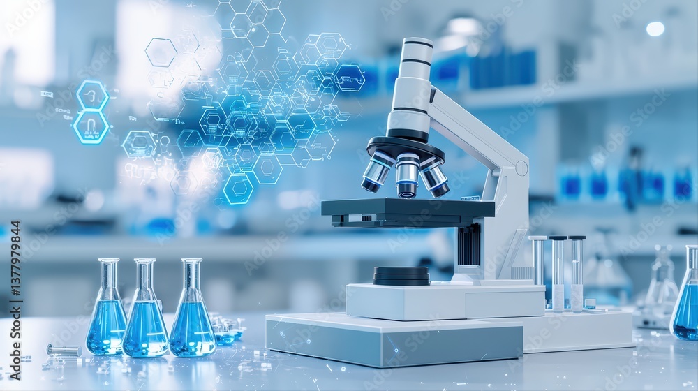 Poster advanced laboratory with modern microscope and glassware