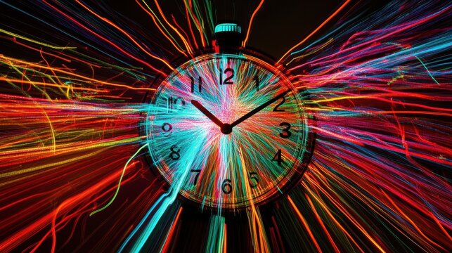 Vibrant neon clock with dynamic streaks of light indicating time in motion