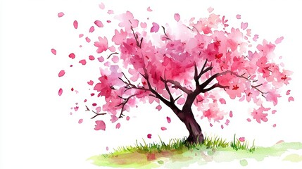 Blossoming cherry tree in a serene garden artful nature illustration vibrant spring atmosphere peaceful setting