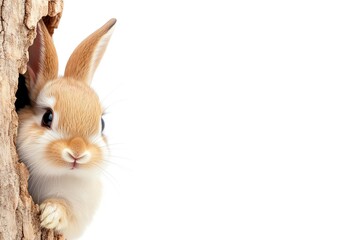 Obraz premium A cute bunny peeking out from behind a tree, capturing the essence of nature's charm and wildlife.