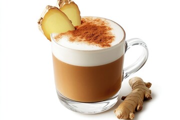 A glass mug filled with ginger latte topped with cinnamon powder and ginger slices on a white surface