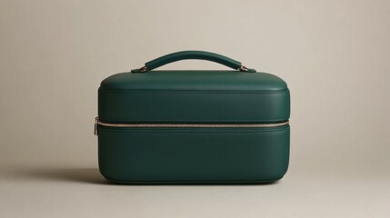 A deep forest green vanity case with a structured silhouette, placed on a cool-toned gray background.